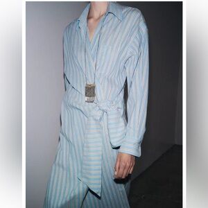 Zara Blue and White Striped Midi Dress, side knot, long sleeve, cotton size XL